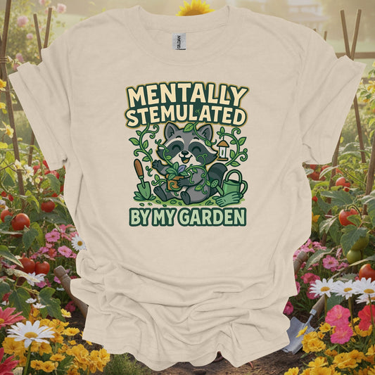Natural tshirt showing mentally stemulated kawaii raccoon garden for gardening enthusiasts