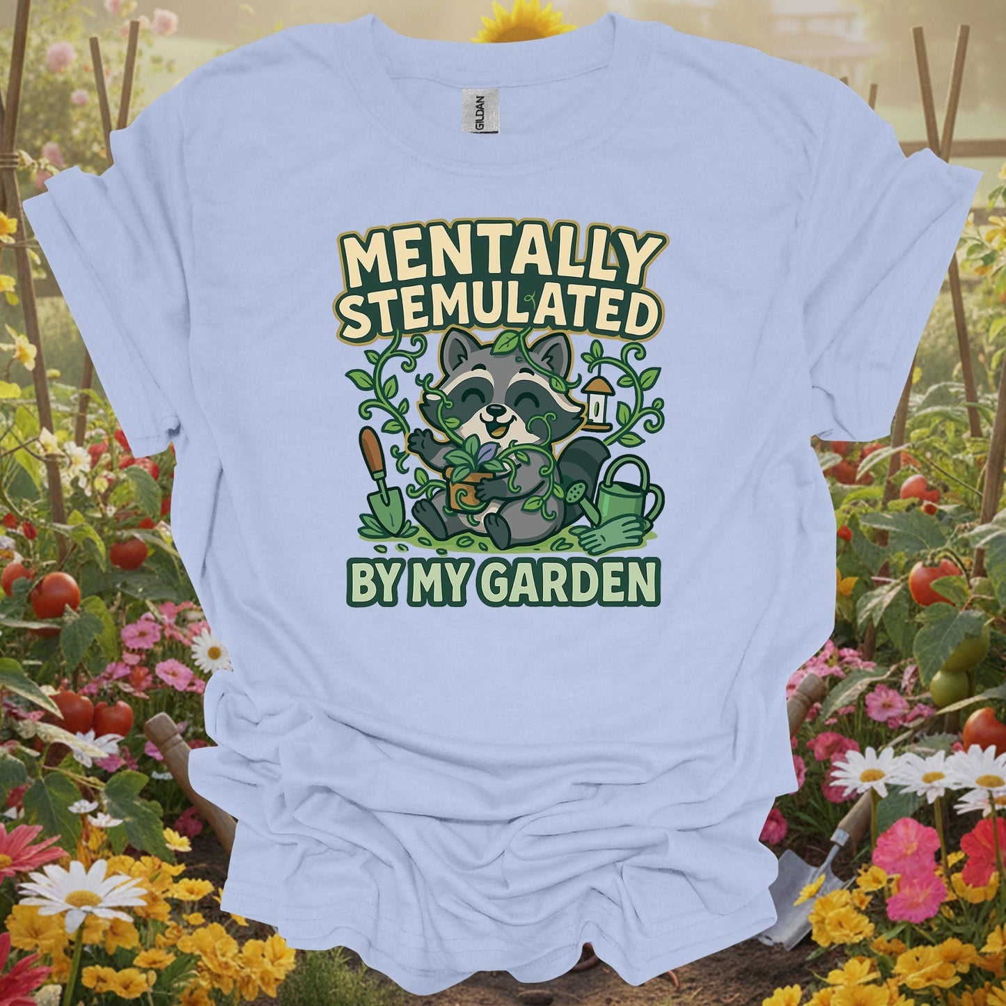 LIght blue top showing mentally stemulated kawaii raccoon garden for green thumb folks