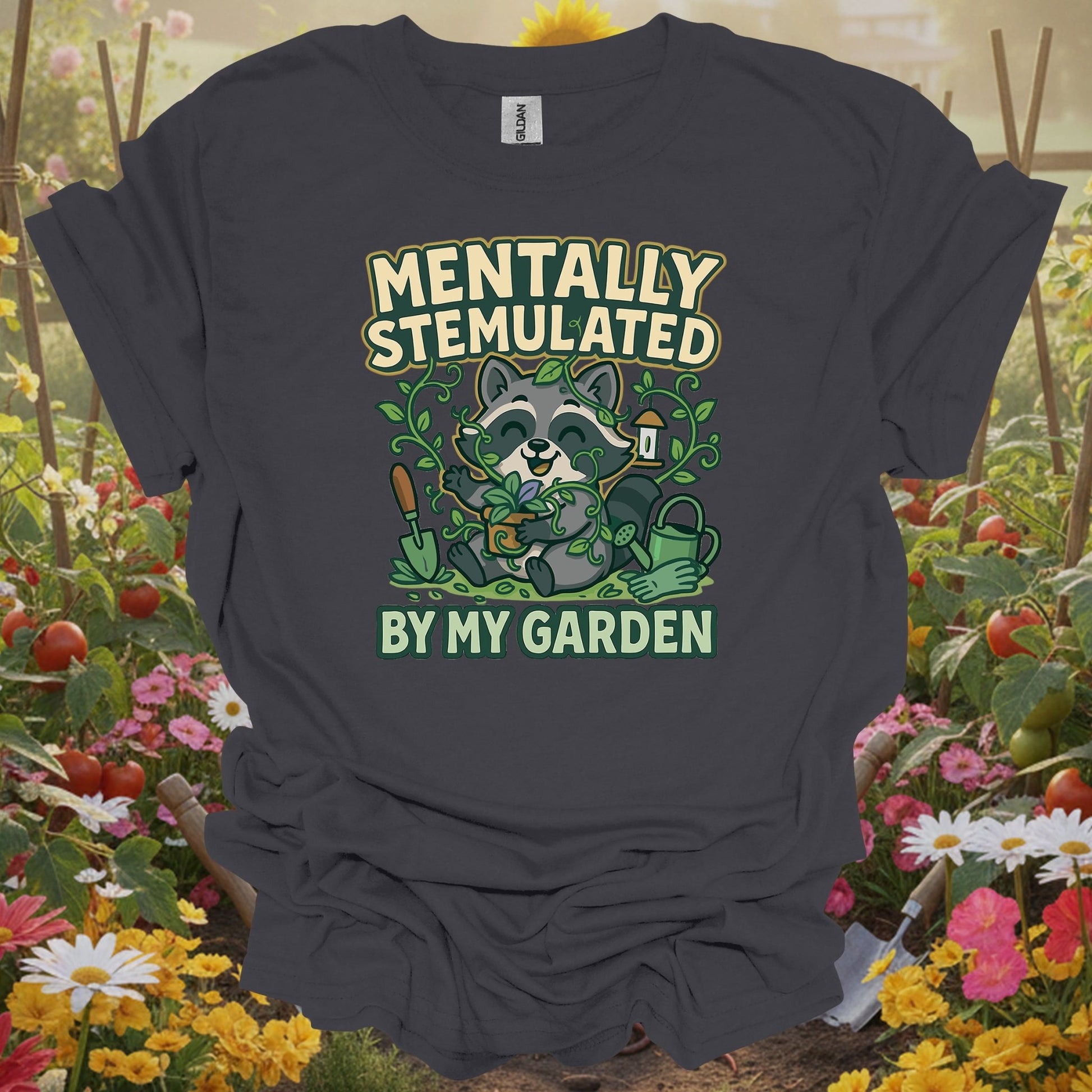charcoal shirt showing mentally stemulated kawaii raccoon garden for home gardeners