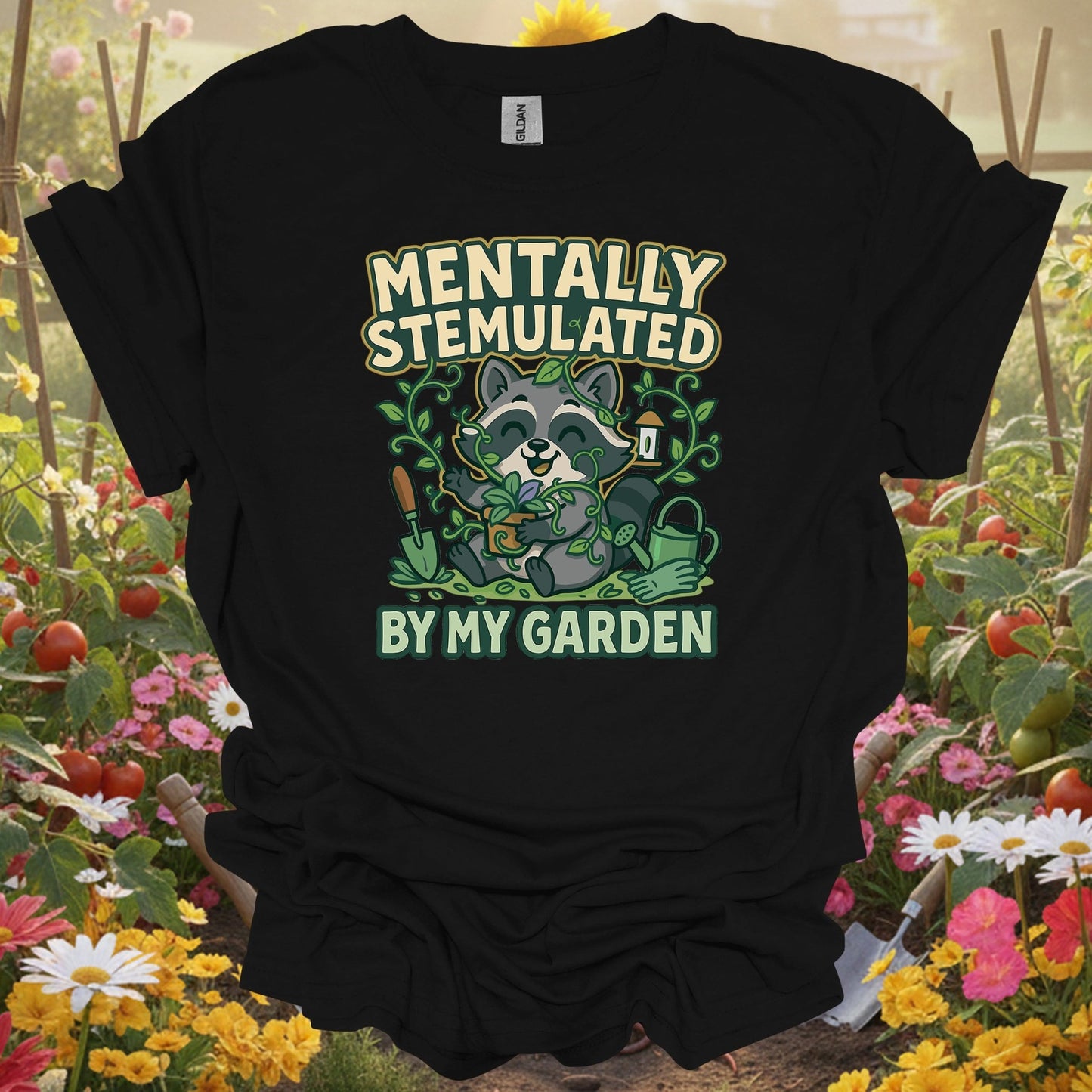 Black top showing mentally stemulated kawaii raccoon garden for nature lovers