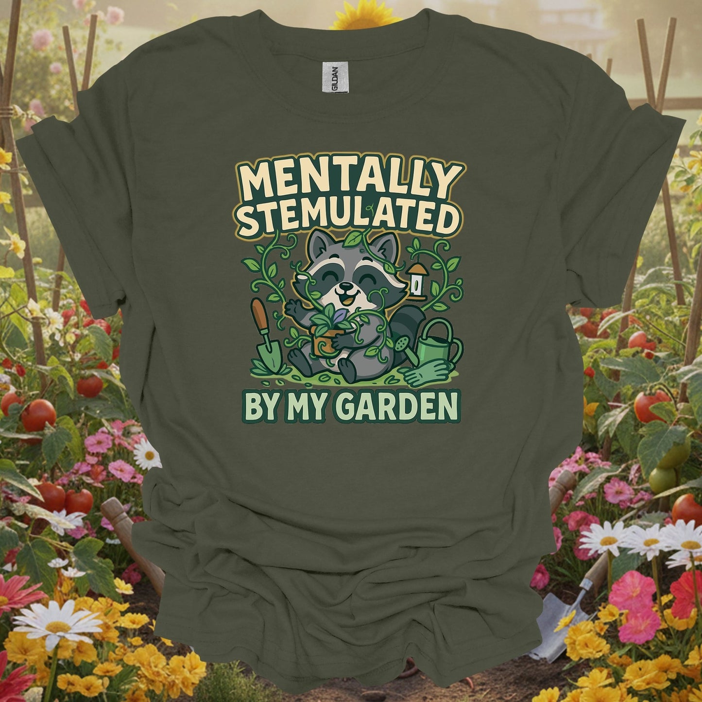 Military Green tshirt showing mentally stemulated kawaii raccoon garden for people who love plants