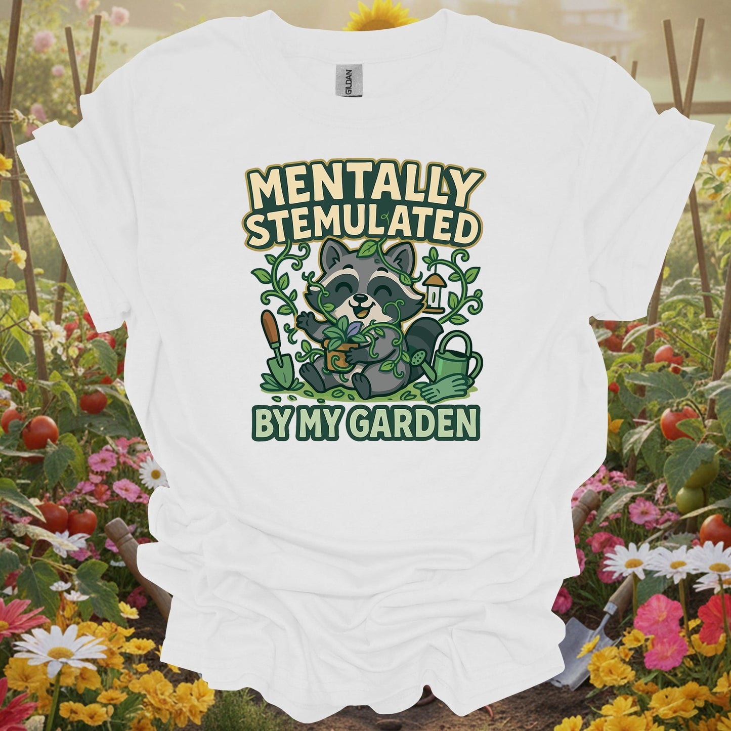 White shirt showing mentally stemulated kawaii raccoon garden for outdoor enthusiasts