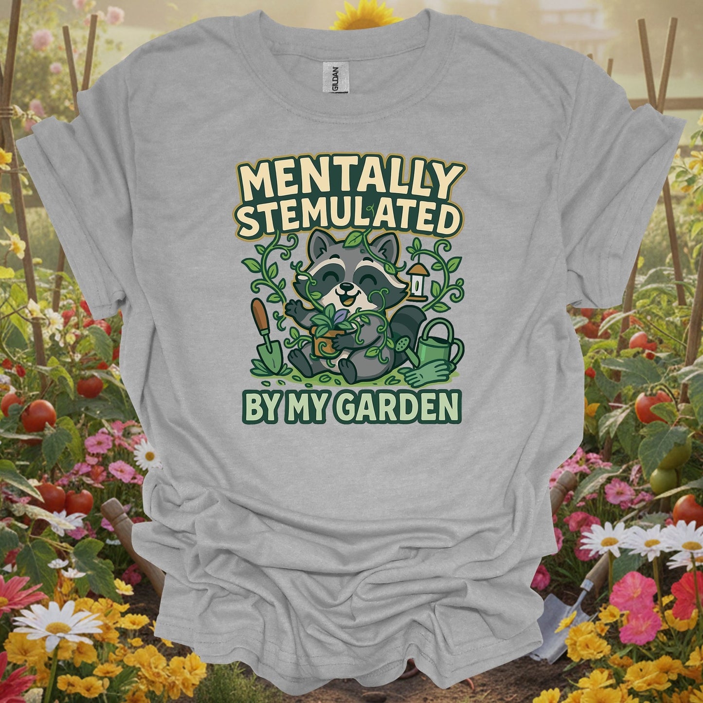 Sport Grey tee showing mentally stemulated kawaii raccoon garden for garden hobbyists