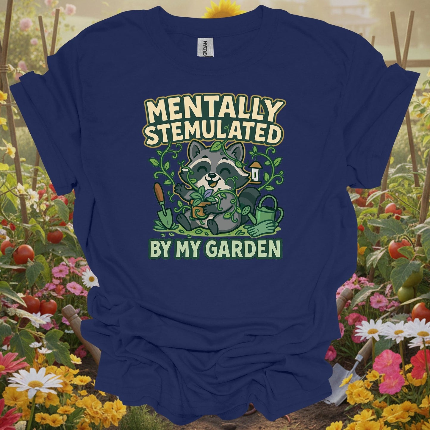 Navy tshirt showing mentally stemulated kawaii raccoon garden for backyard growers
