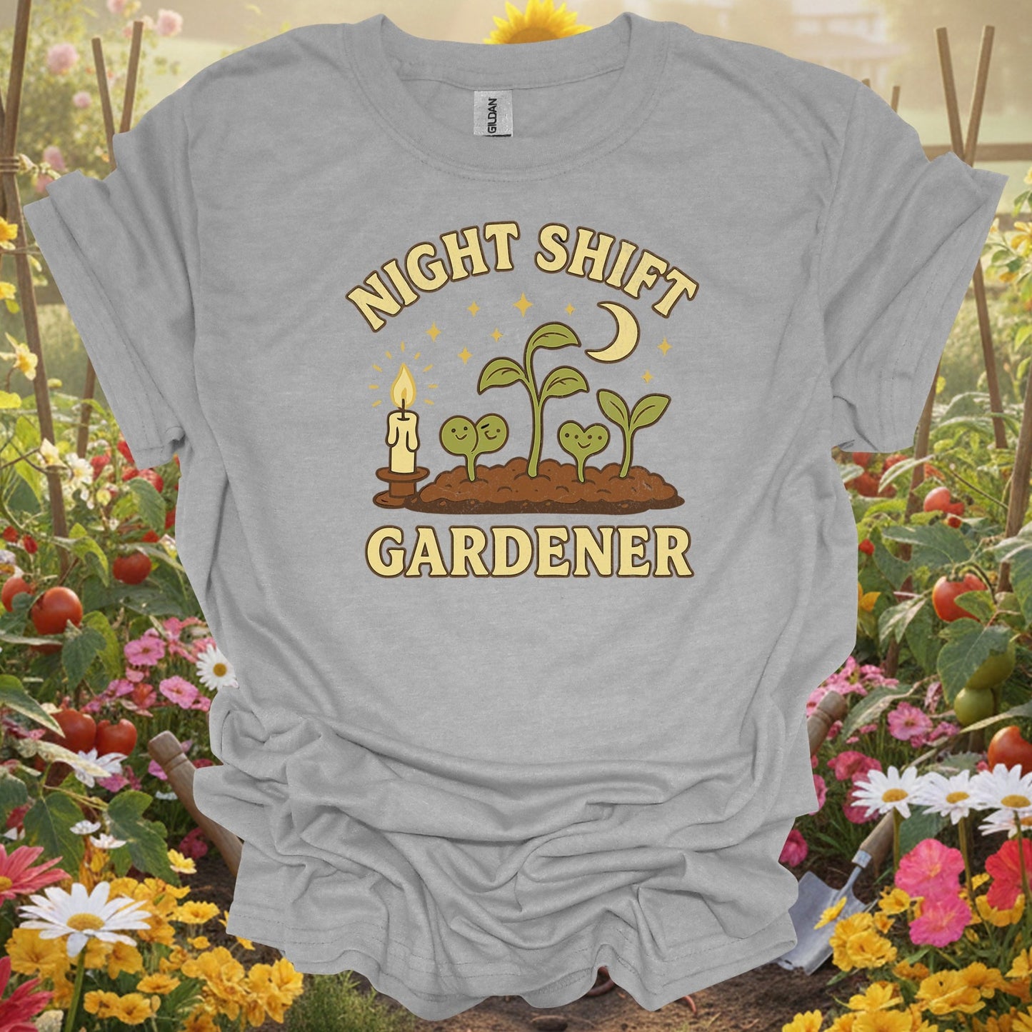 Funny Late Night Plant Lover Vintage "Night Shift Gardener" Whimsical Planting T-Shirt - GardeningTshirts