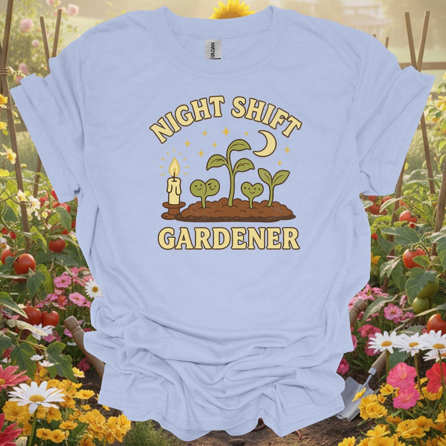 Funny Late Night Plant Lover Vintage "Night Shift Gardener" Whimsical Planting T-Shirt - GardeningTshirts