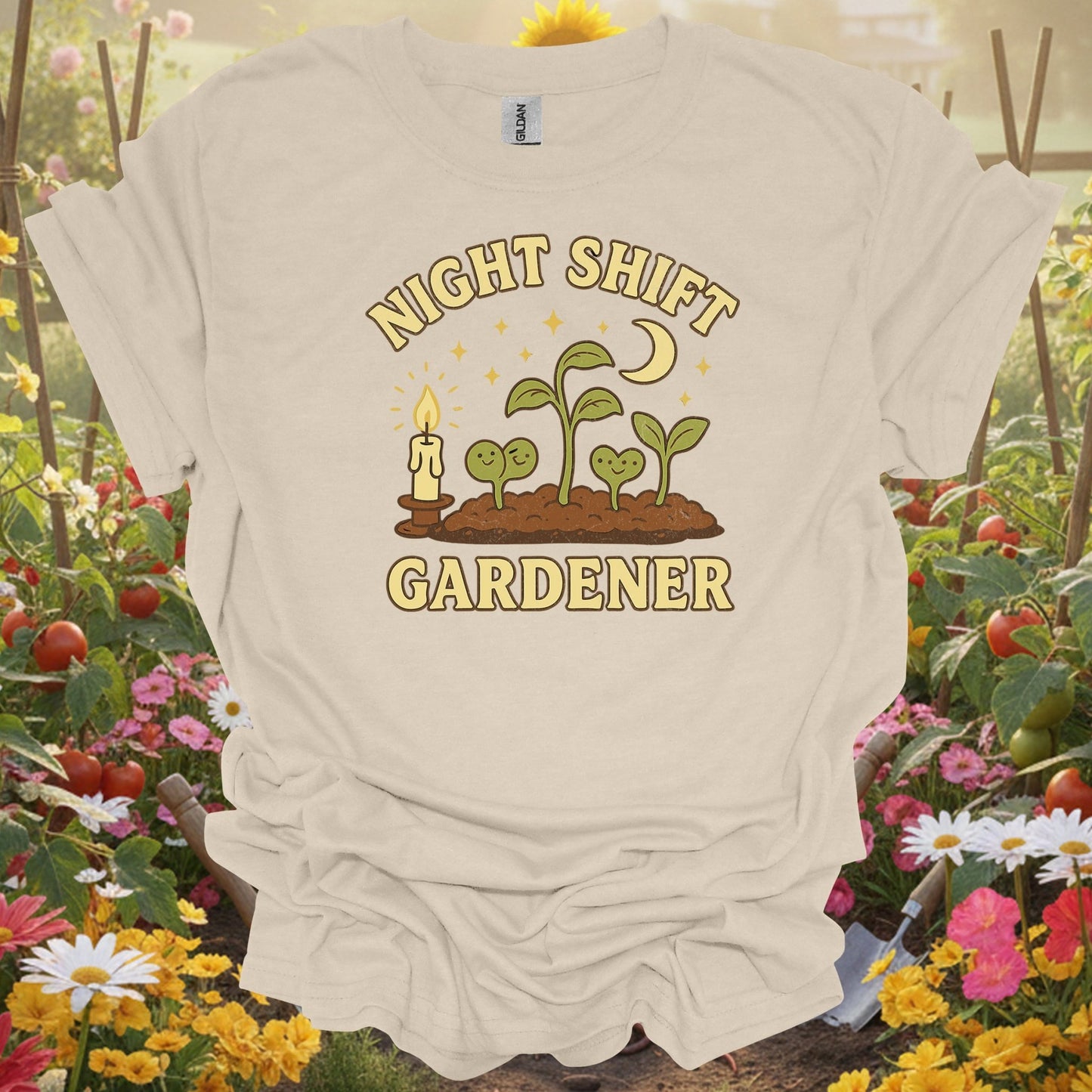 Funny Late Night Plant Lover Vintage "Night Shift Gardener" Whimsical Planting T-Shirt - GardeningTshirts