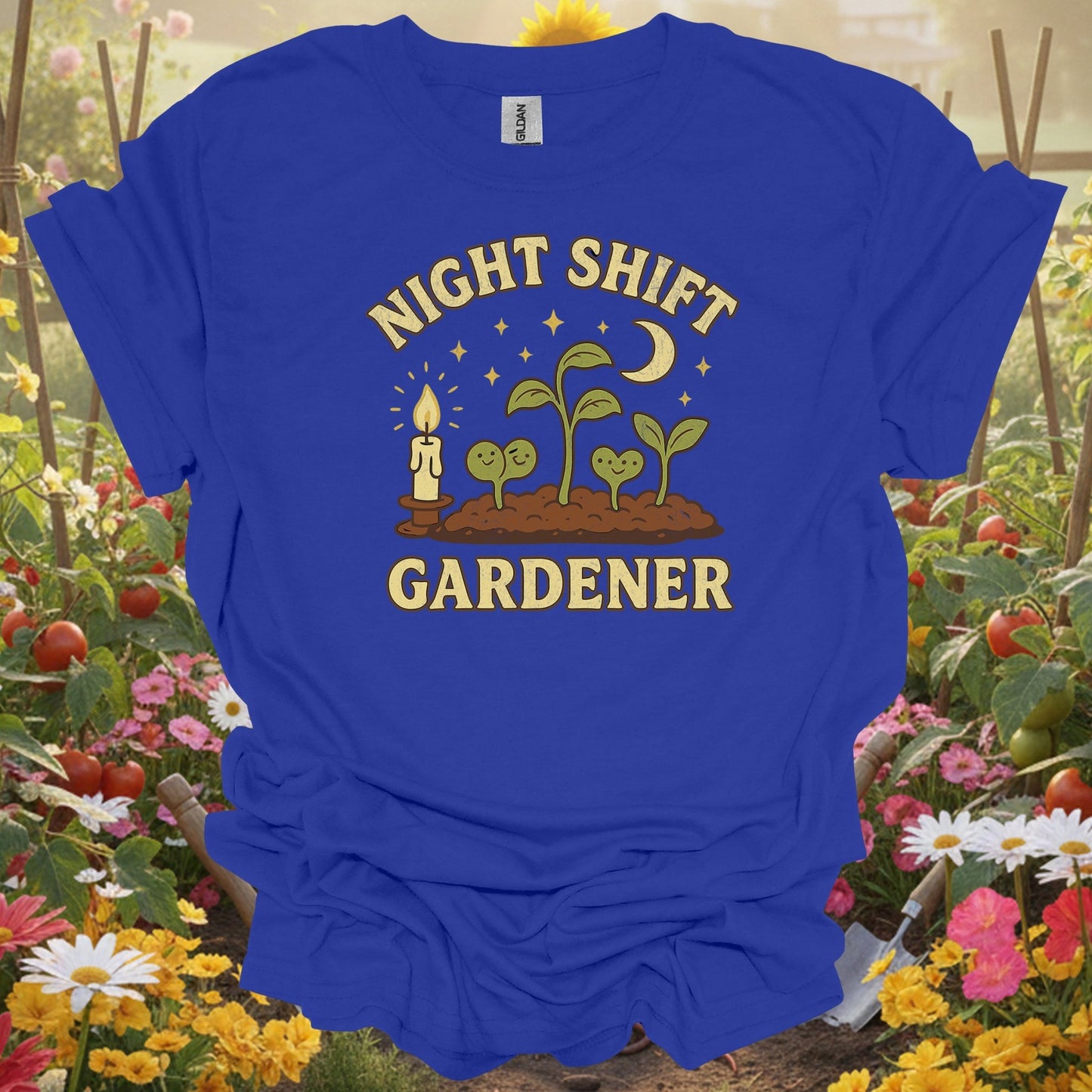 Funny Late Night Plant Lover Vintage "Night Shift Gardener" Whimsical Planting T-Shirt - GardeningTshirts