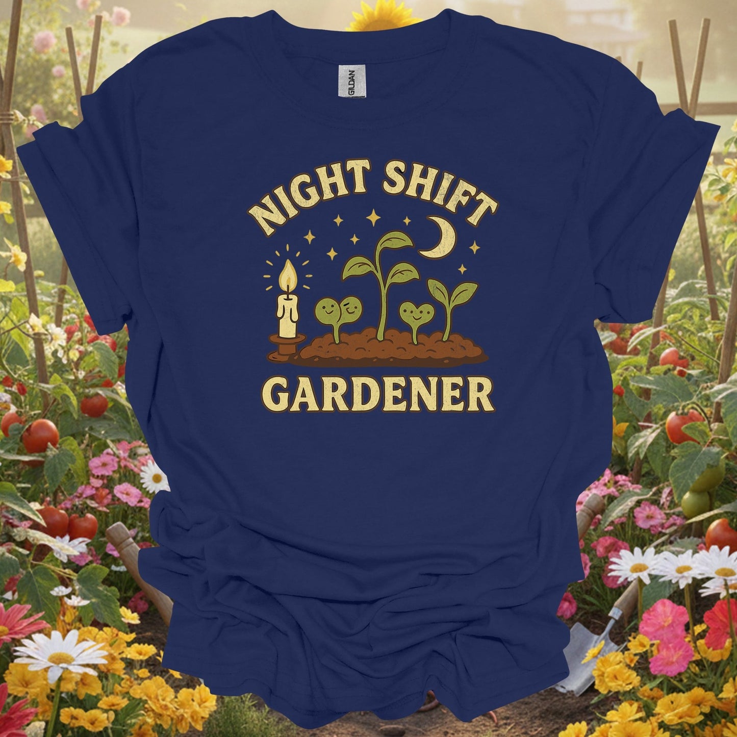 Funny Late Night Plant Lover Vintage "Night Shift Gardener" Whimsical Planting T-Shirt - GardeningTshirts
