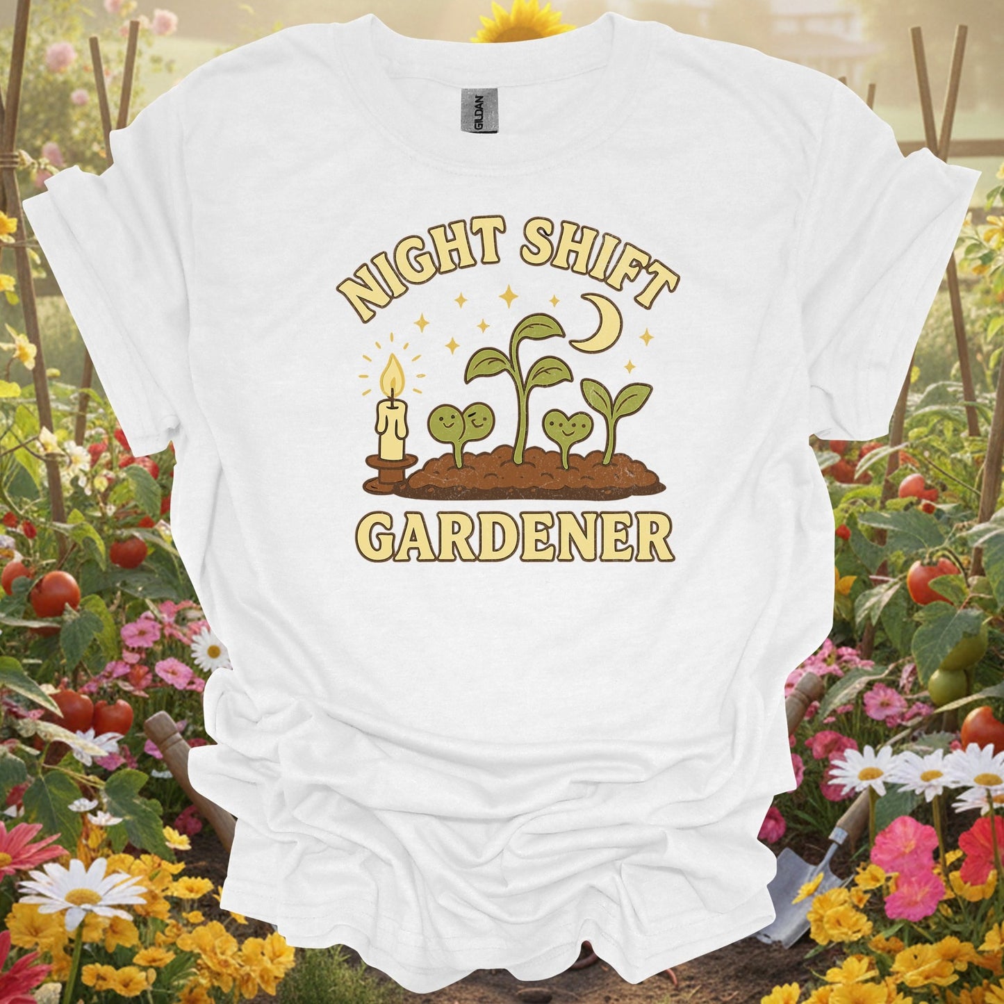 Funny Late Night Plant Lover Vintage "Night Shift Gardener" Whimsical Planting T-Shirt - GardeningTshirts