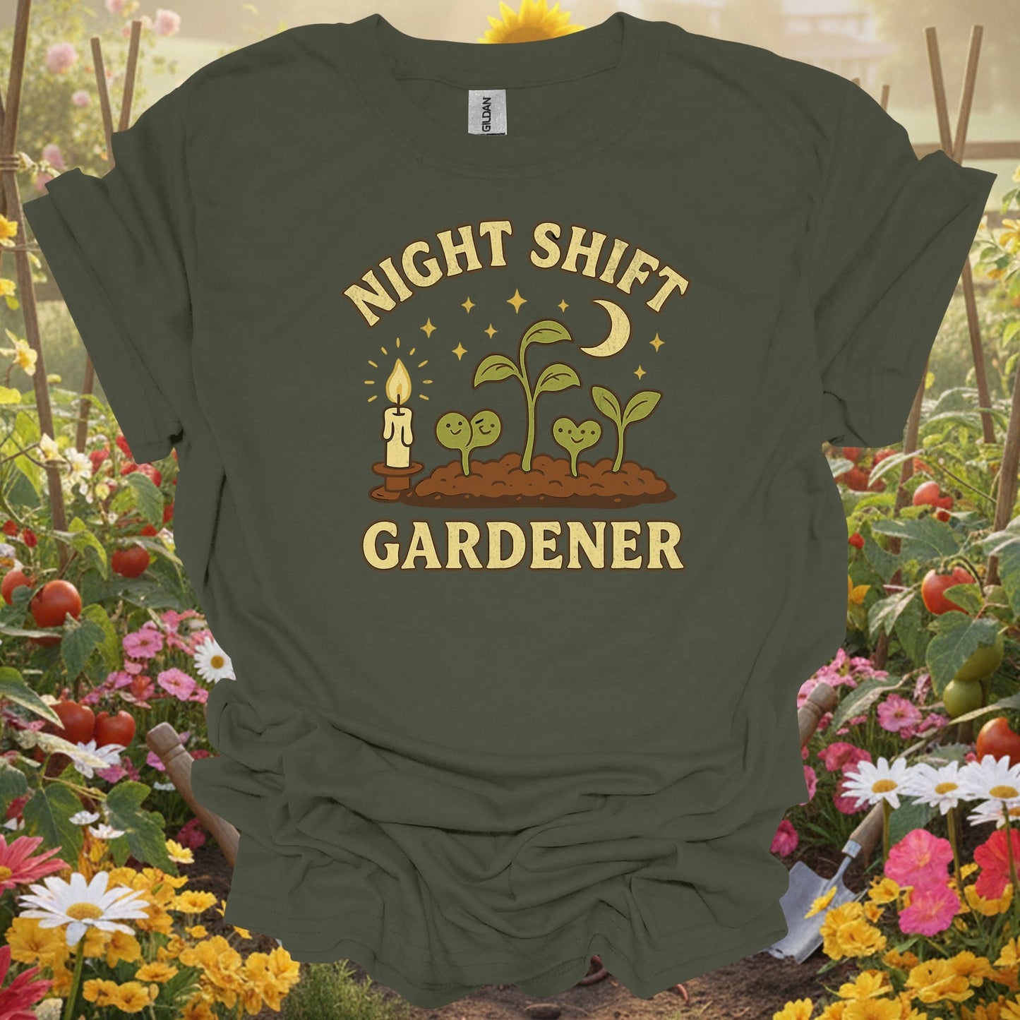 Funny Late Night Plant Lover Vintage "Night Shift Gardener" Whimsical Planting T-Shirt - GardeningTshirts