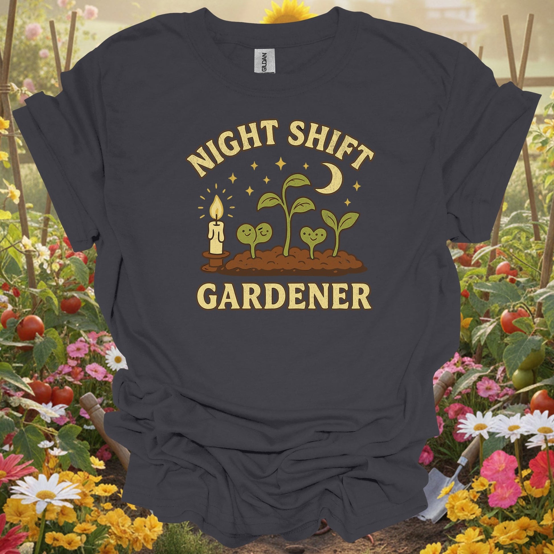 Funny Late Night Plant Lover Vintage "Night Shift Gardener" Whimsical Planting T-Shirt - GardeningTshirts