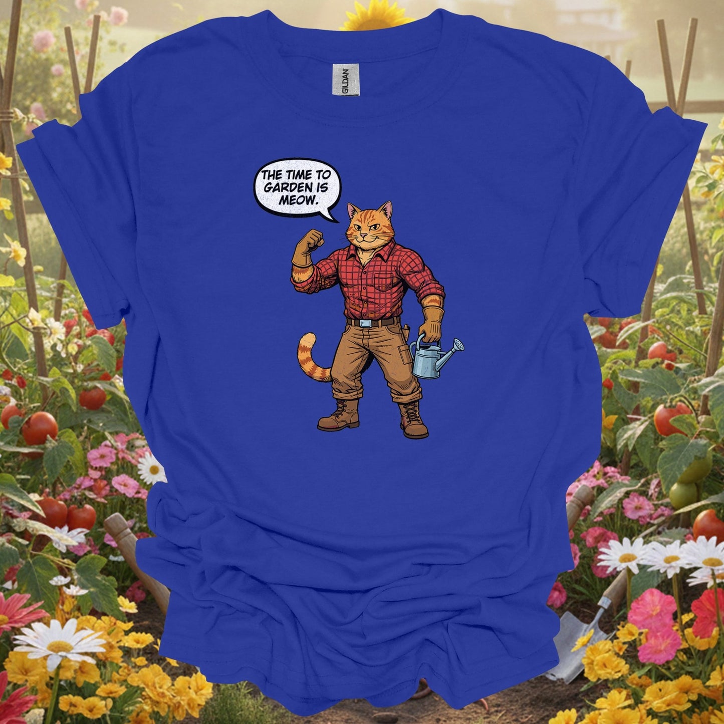 Funny Retro Cat Gardener Pun Distressed "The Time to Garden is Meow" Tee - GardeningTshirts
