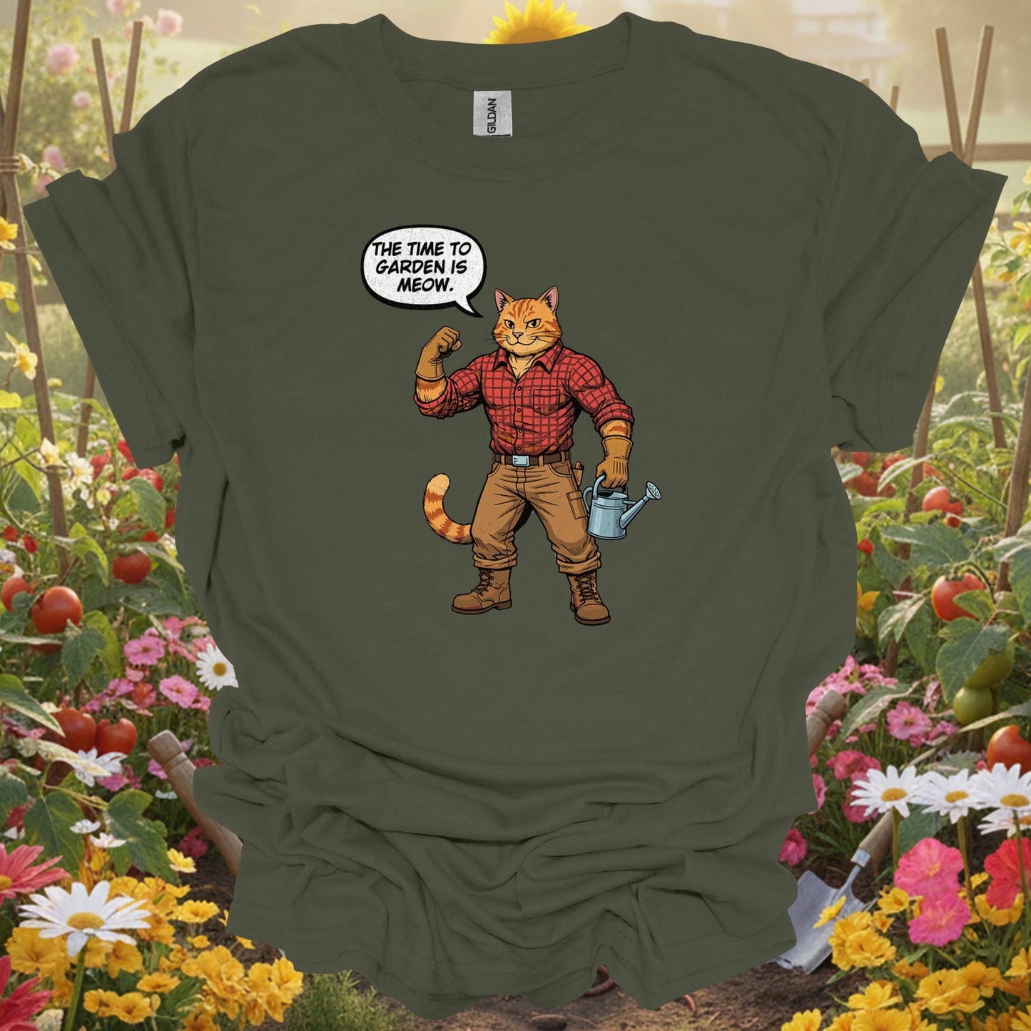 Funny Retro Cat Gardener Pun Distressed "The Time to Garden is Meow" Tee - GardeningTshirts