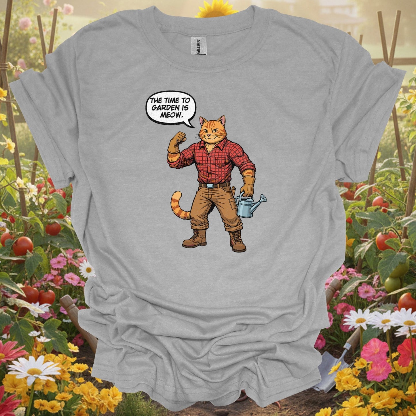 Funny Retro Cat Gardener Pun Distressed "The Time to Garden is Meow" Tee - GardeningTshirts