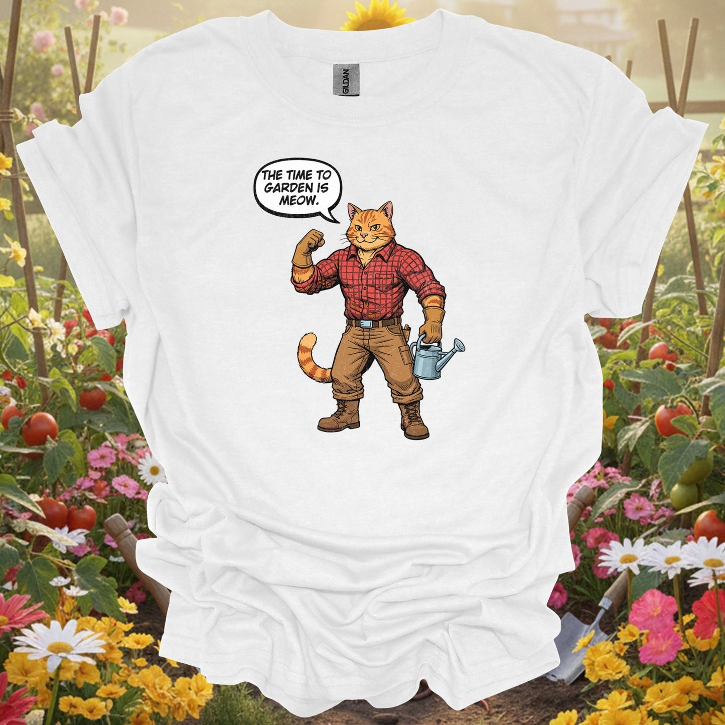 Funny Retro Cat Gardener Pun Distressed "The Time to Garden is Meow" Tee - GardeningTshirts