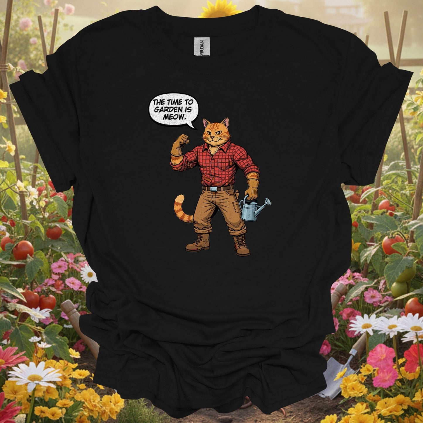 Funny Retro Cat Gardener Pun Distressed "The Time to Garden is Meow" Tee - GardeningTshirts