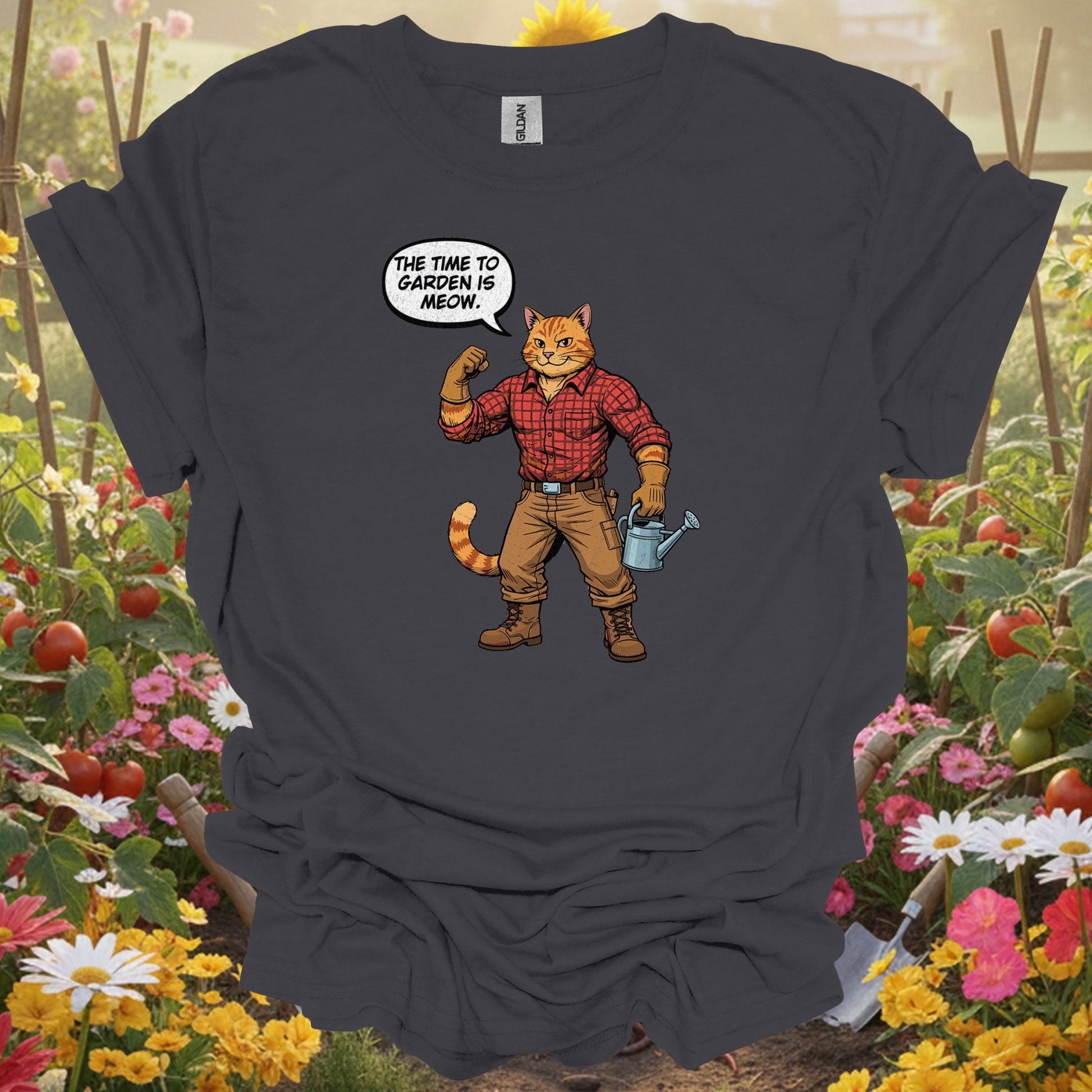 Funny Retro Cat Gardener Pun Distressed "The Time to Garden is Meow" Tee - GardeningTshirts