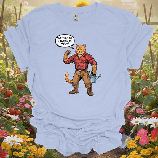 Funny Retro Cat Gardener Pun Distressed "The Time to Garden is Meow" Tee - GardeningTshirts