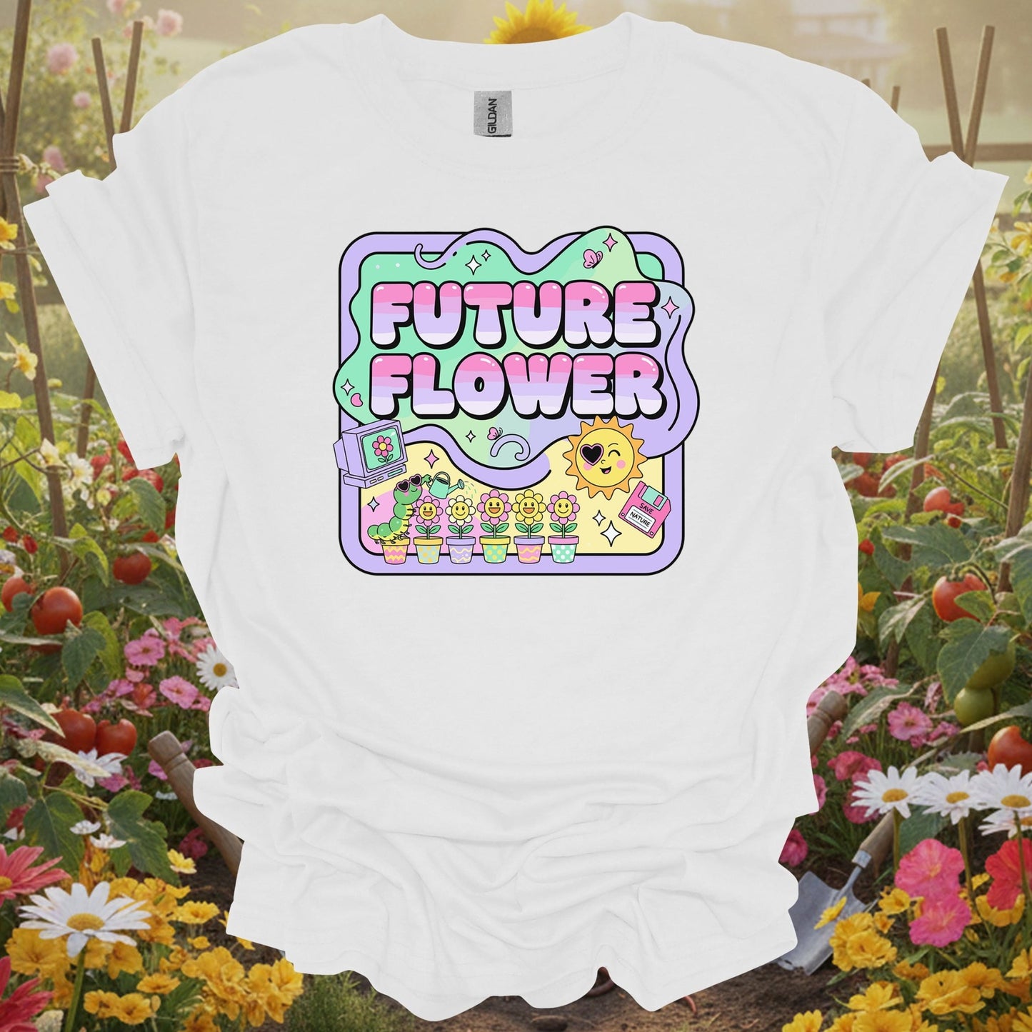 White tee showing future flower funky retro y2k gardener for garden hobbyists