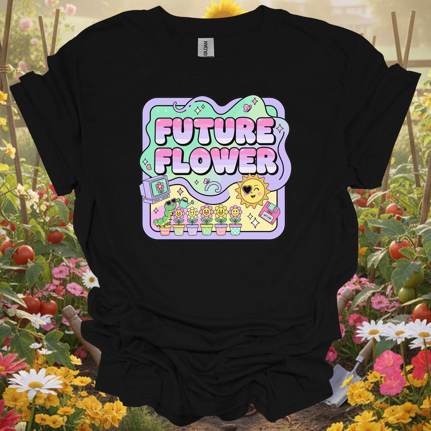 Black shirt showing future flower funky retro y2k gardener for outdoor enthusiasts