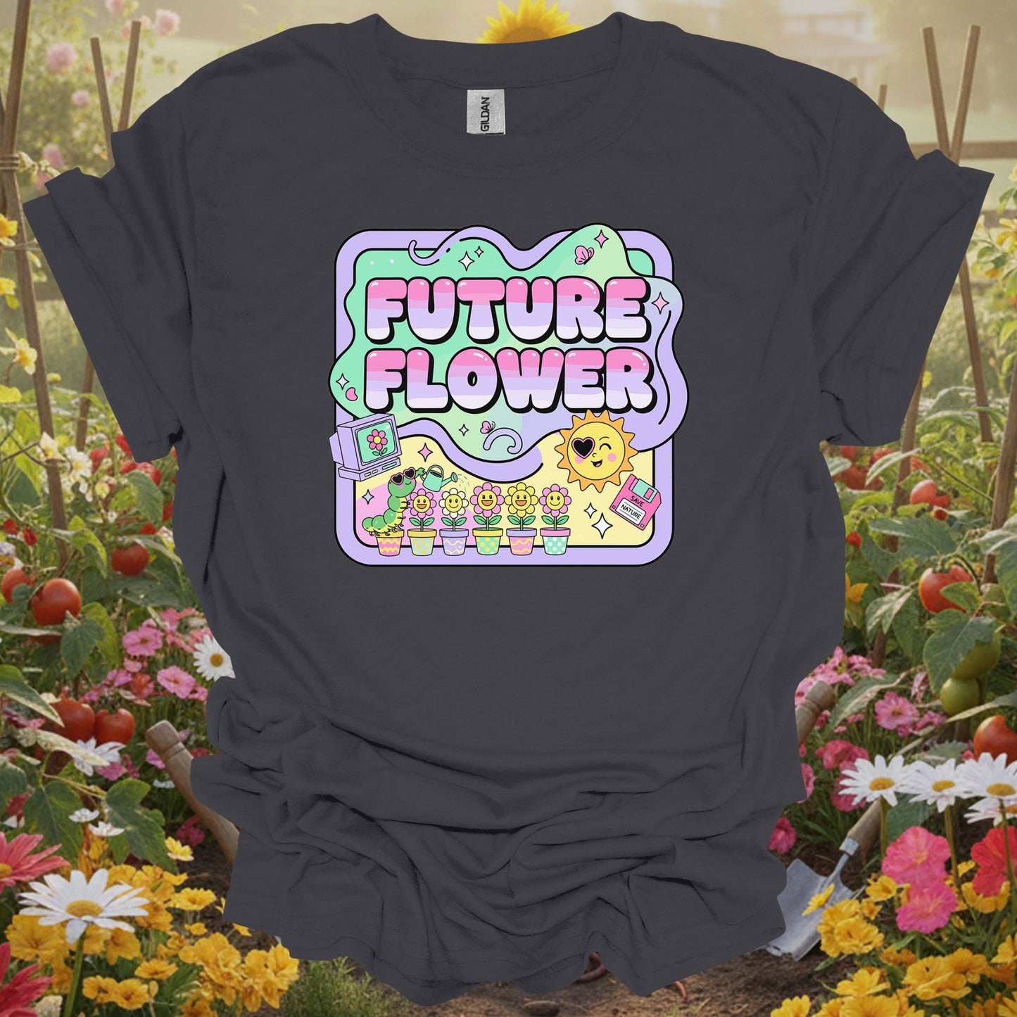 Charcoal tee showing future flower funky retro y2k gardener for plant lovers