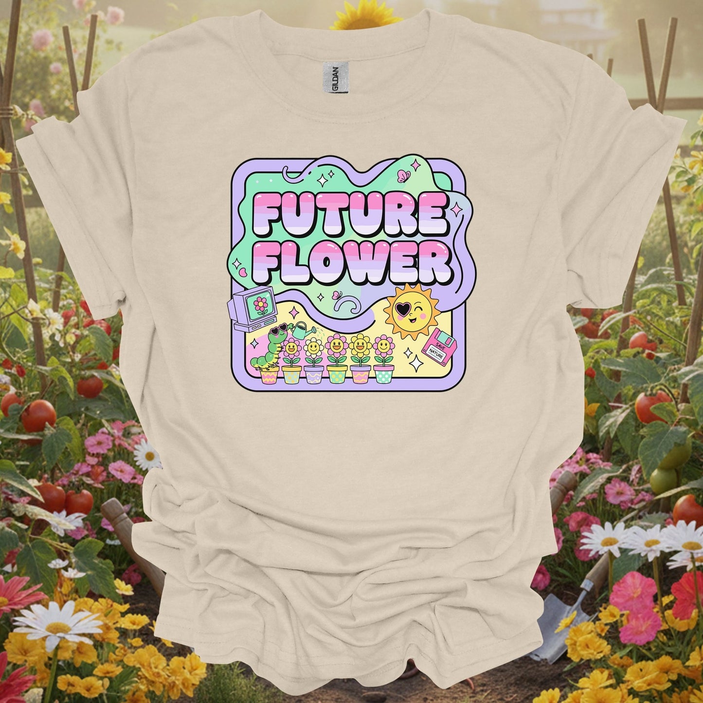 Natural tshirt showing future flower funky retro y2k gardener for people who love plants