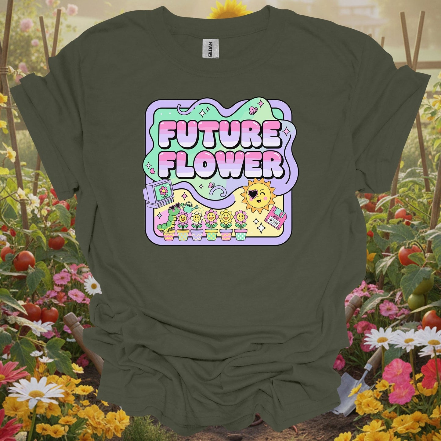 Military Green top showing future flower funky retro y2k gardener for nature lovers
