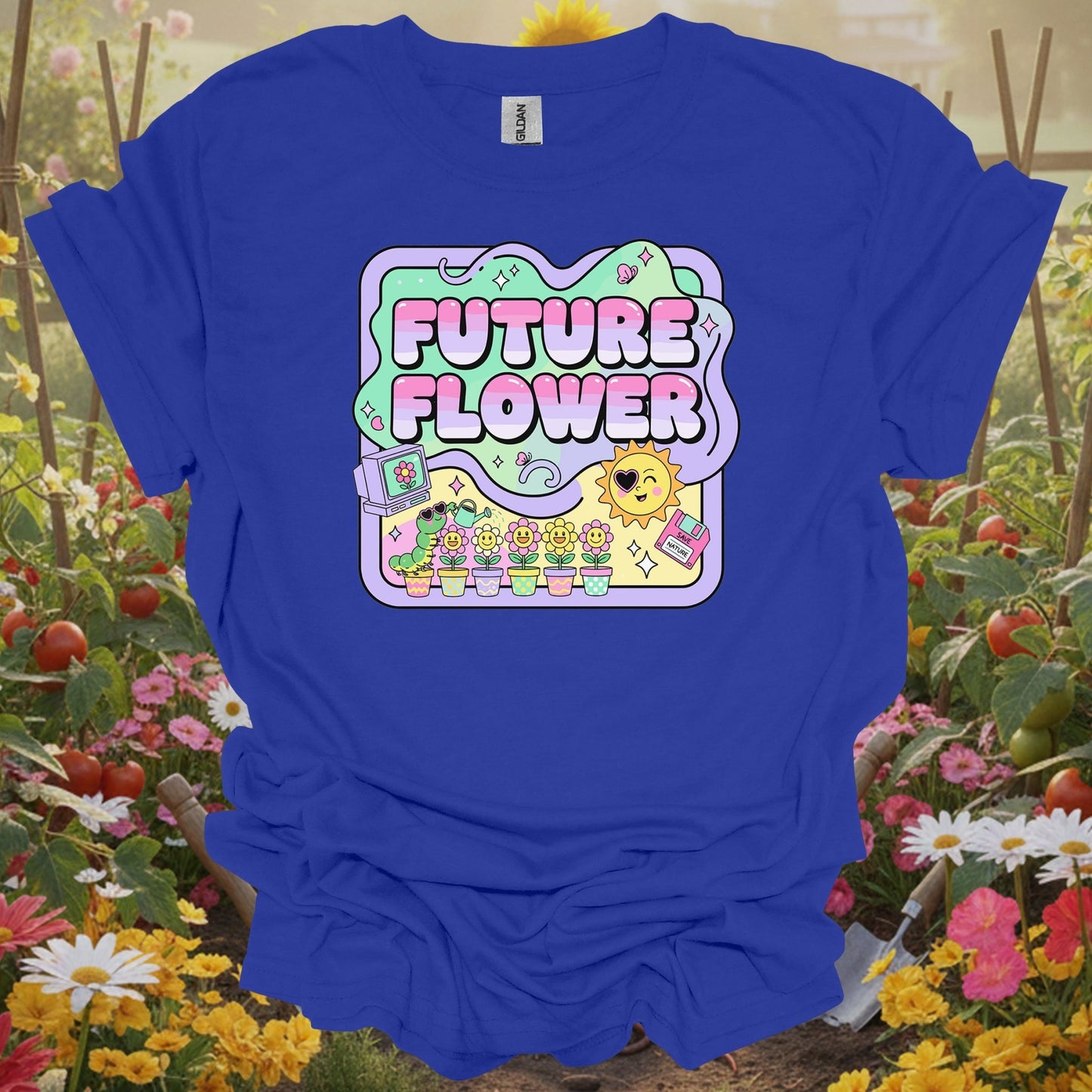 Royal top showing future flower funky retro y2k gardener for green thumb folks