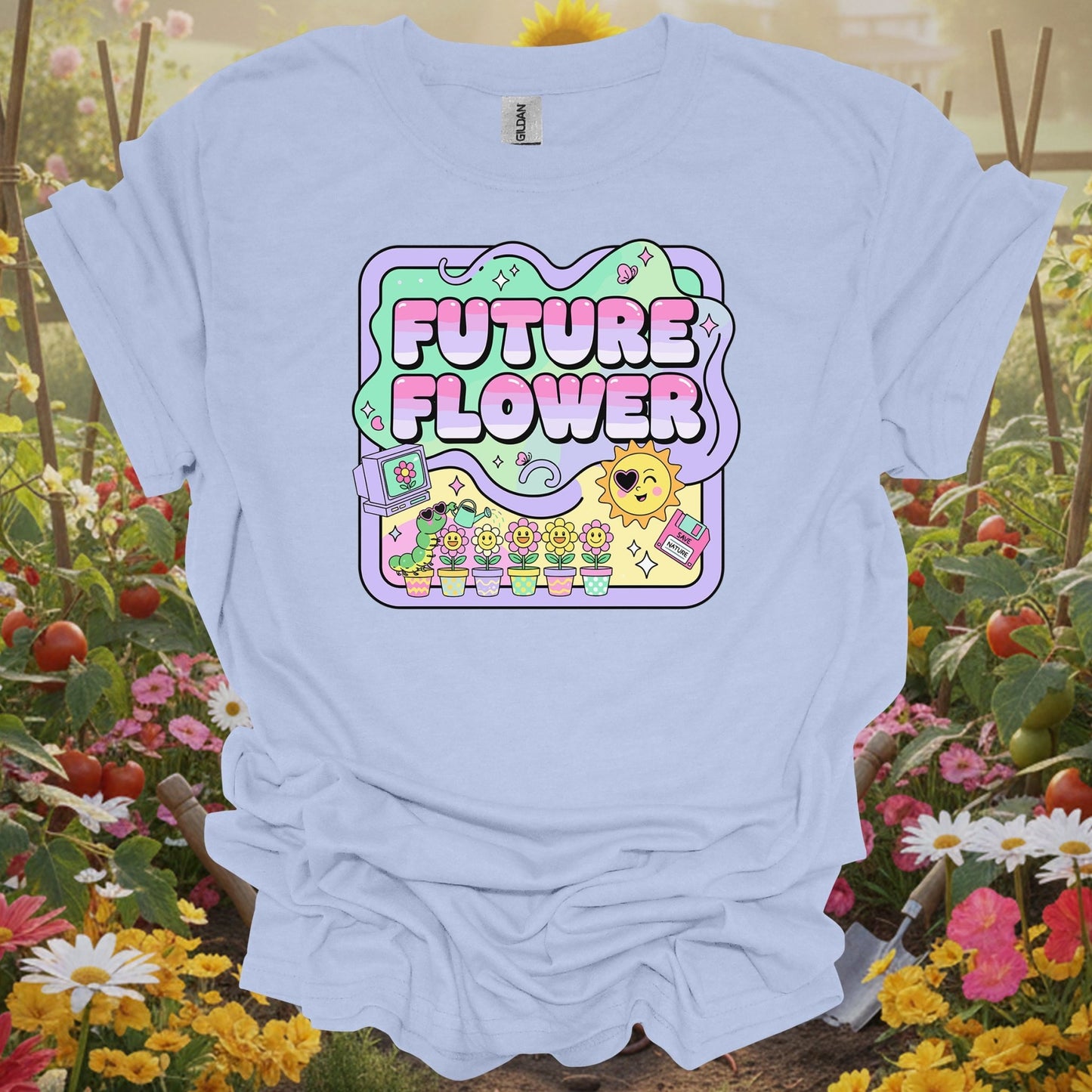 Light Blue shirt showing future flower funky retro y2k gardener for home gardeners