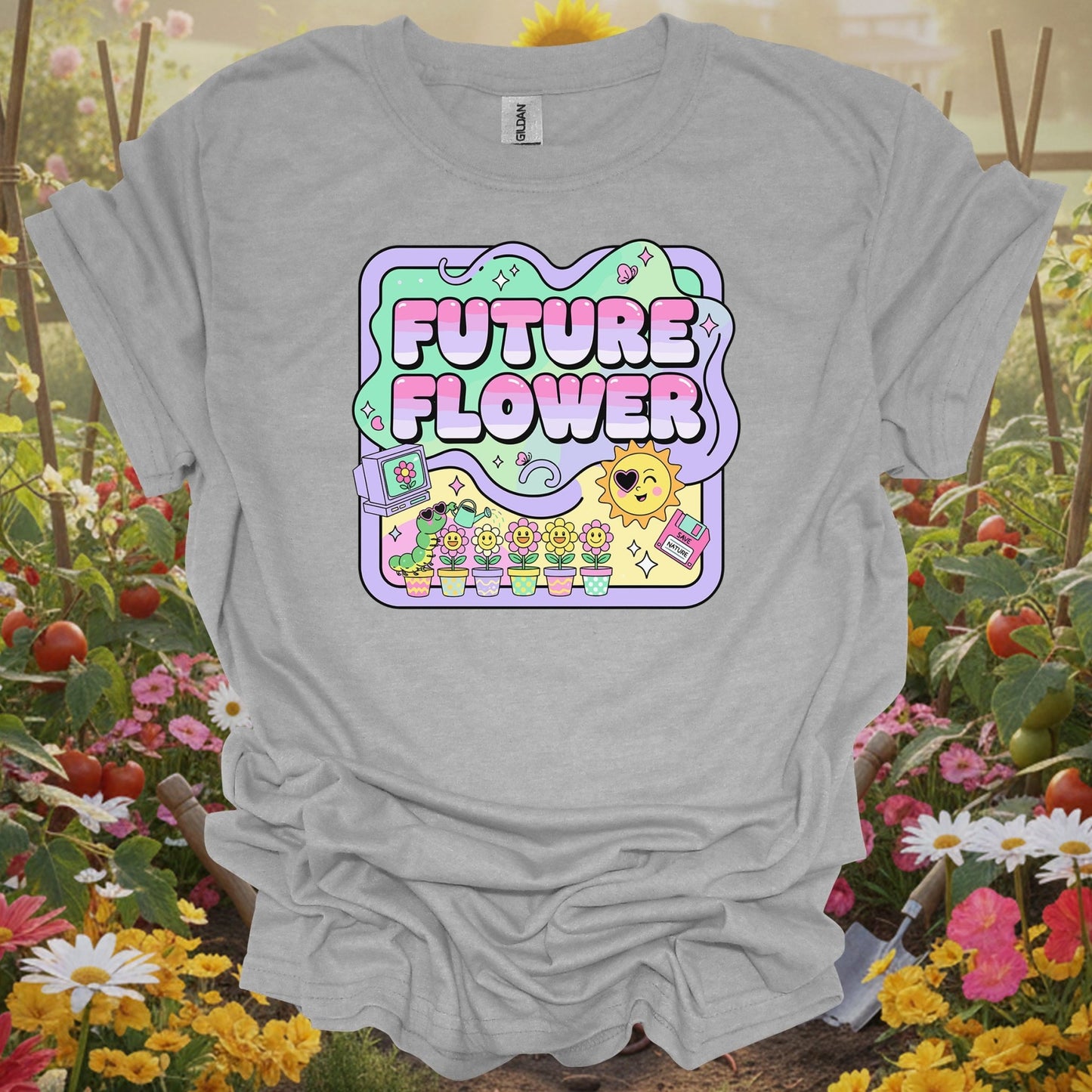Sport Grey tshirt showing future flower funky retro y2k gardener for backyard growers