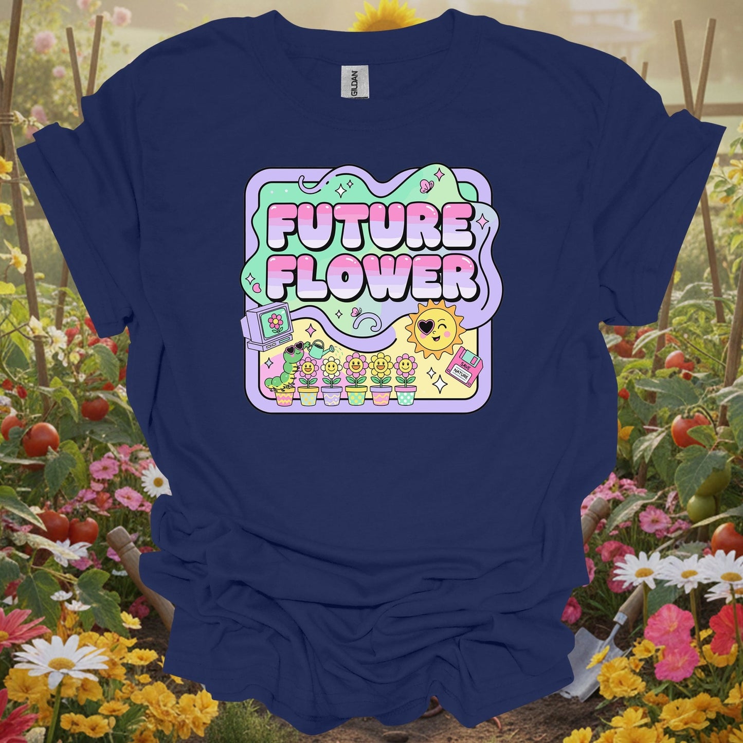 Navy tshirt showing future flower funky retro y2k gardener for gardening enthusiasts
