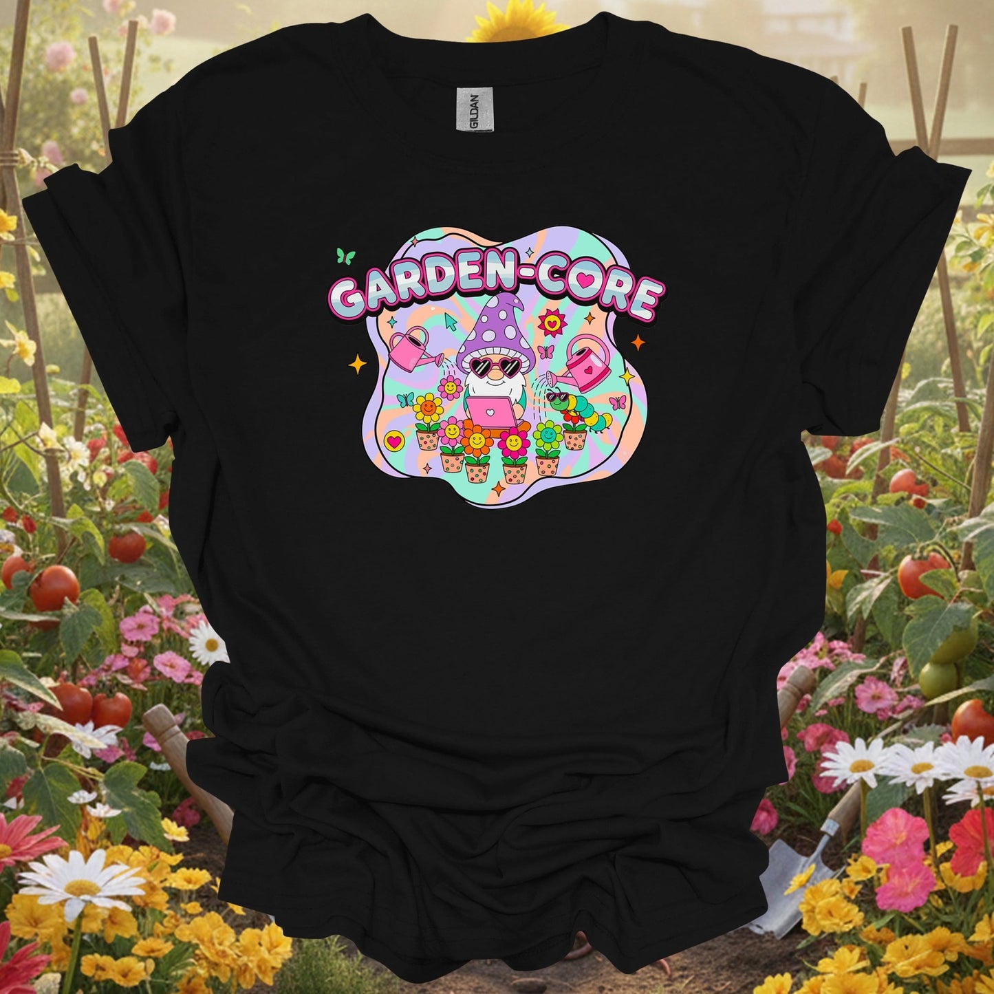 Black shirt showing garden-core funky retro y2k gnome for outdoor enthusiasts