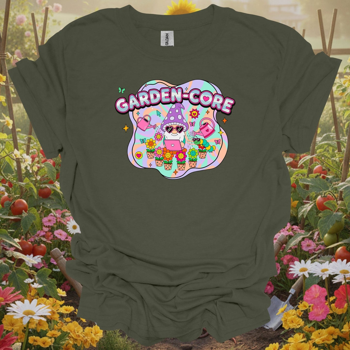 Military Green top showing garden-core funky retro y2k gnome for nature lovers