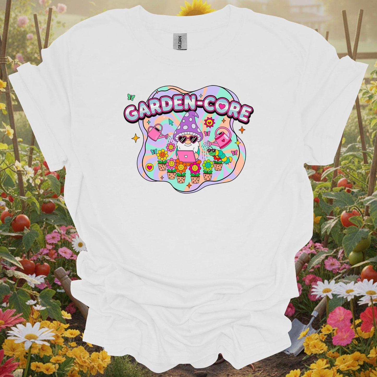 White tee showing garden-core funky retro y2k gnome for garden hobbyists