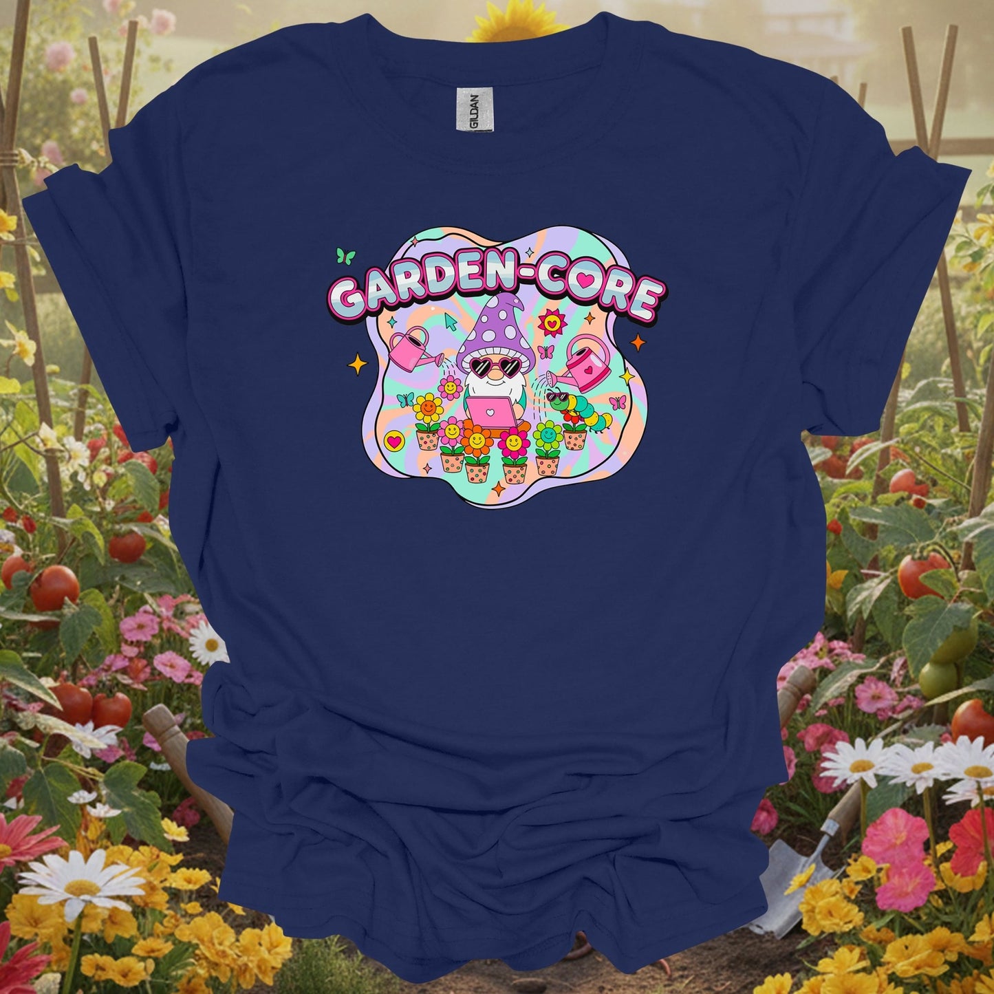 Navy tshirt showing garden-core funky retro y2k gnome for gardening enthusiasts