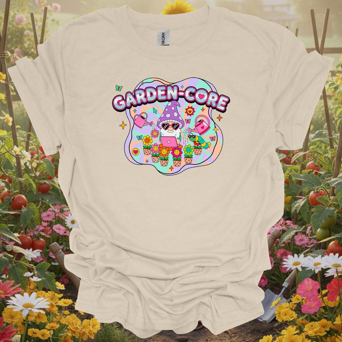 Natural tshirt showing garden-core funky retro y2k gnome for people who love plants