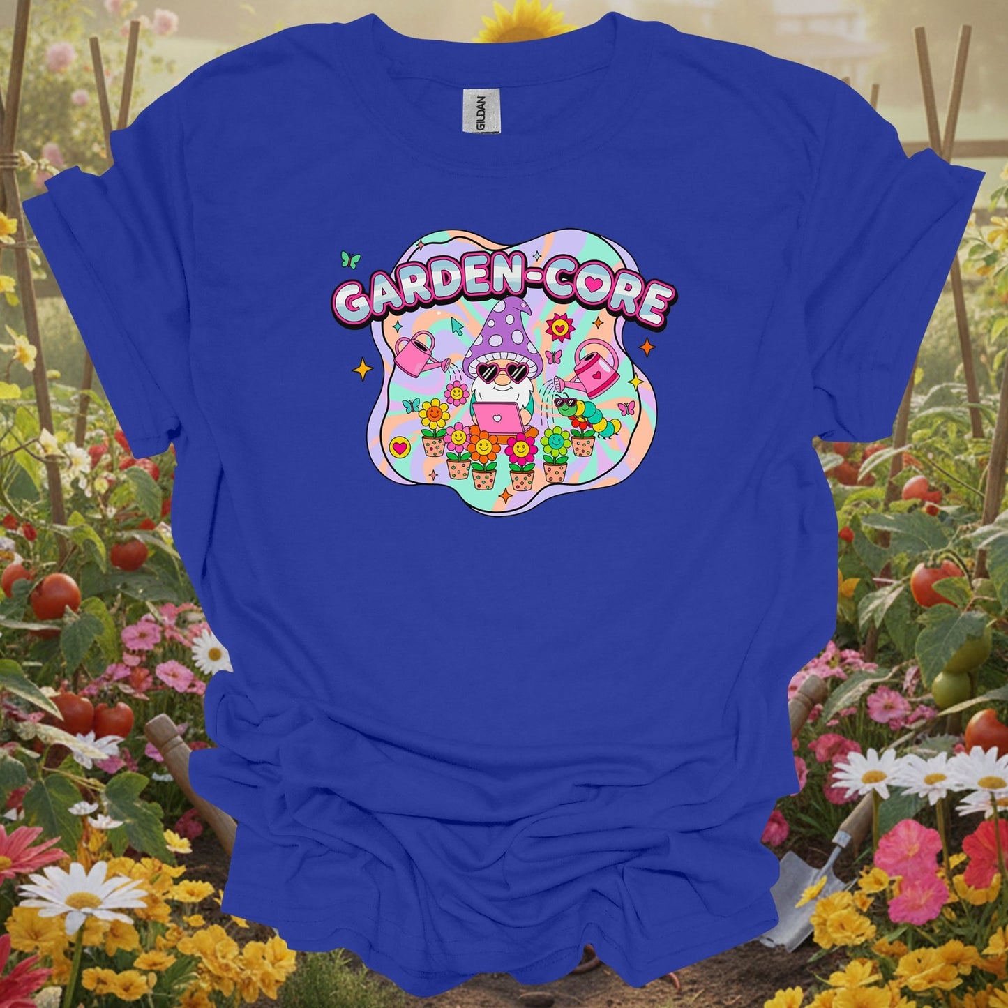 Royal top showing garden-core funky retro y2k gnome for green thumb folks