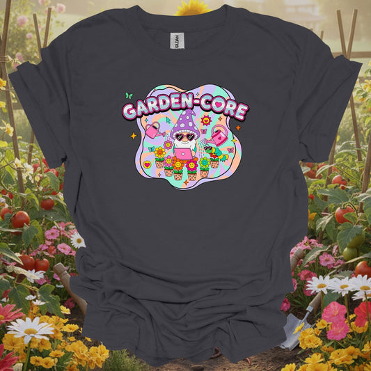 Charcoal tee showing garden-core funky retro y2k gnome for plant lovers
