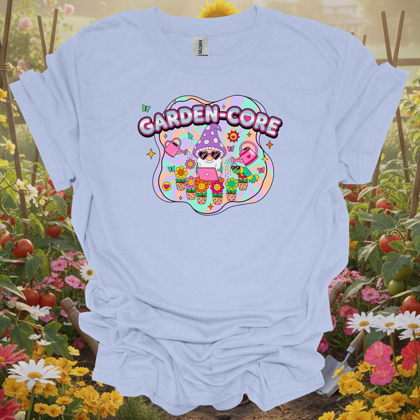 Light Blue shirt showing garden-core funky retro y2k gnome for home gardeners