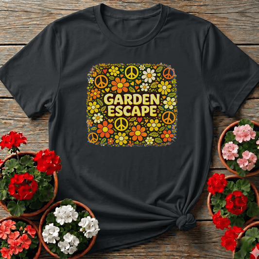 Black retro groovy floral gardening tee with "Garden Escape" print and vintage peace sign daisy design for garden lovers