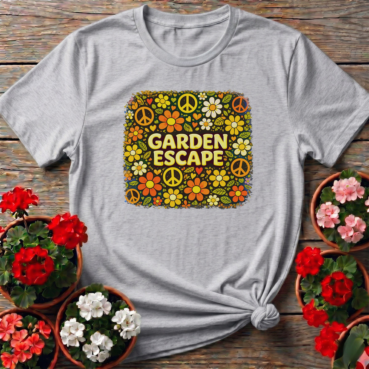Garden Escape Groovy Retro Floral Peace Sign Gardening Tee - GardeningTshirts