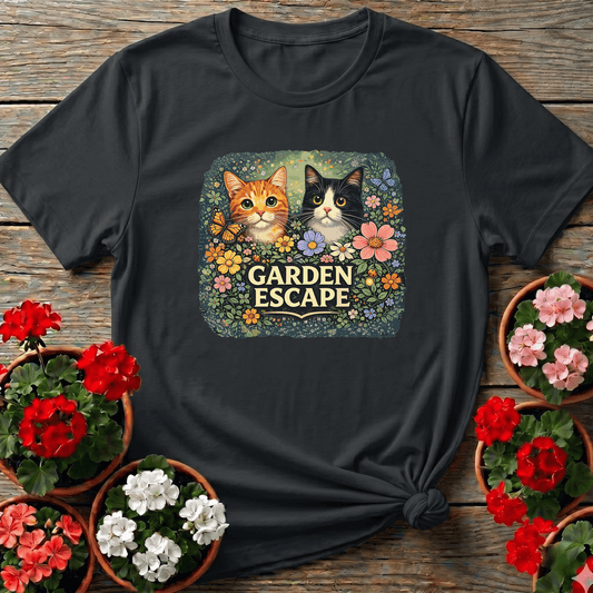 Black cottagecore painted cats gardening tee with "Garden Escape" for cat lover gardeners