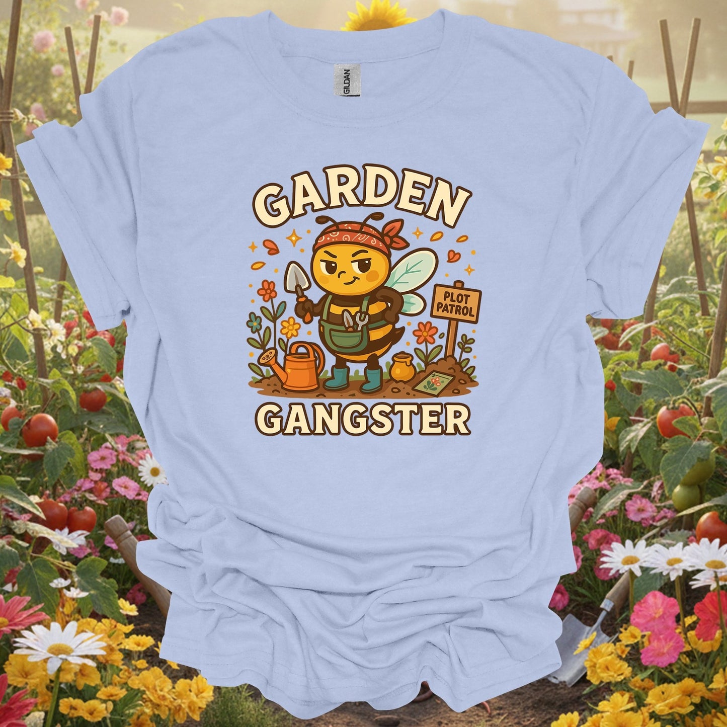 Light Blue shirt showing garden gangster funny bee for home gardeners