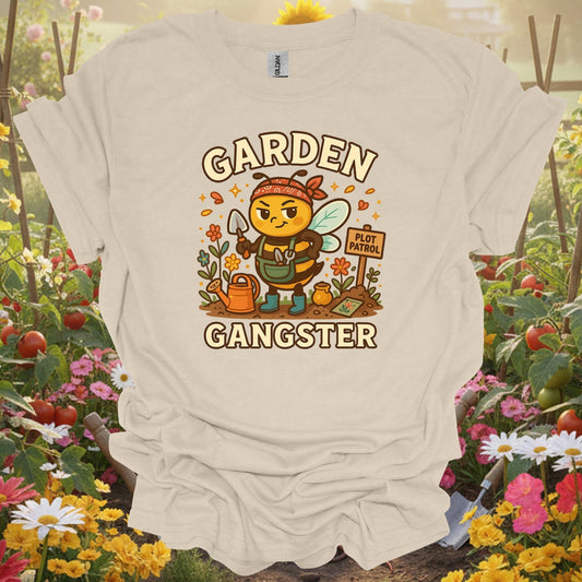 Natural tshirt showing garden gangster funny bee for gardening enthusiasts