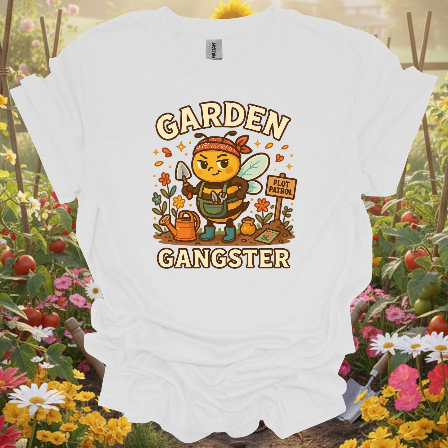 White shirt showing garden gangster funny bee for outdoor enthusiasts