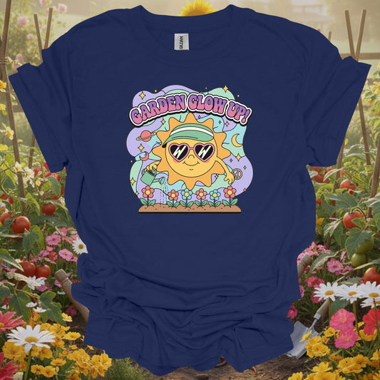 Navy tshirt showing garden glow up 90s aesthetic happy sun for gardening enthusiasts