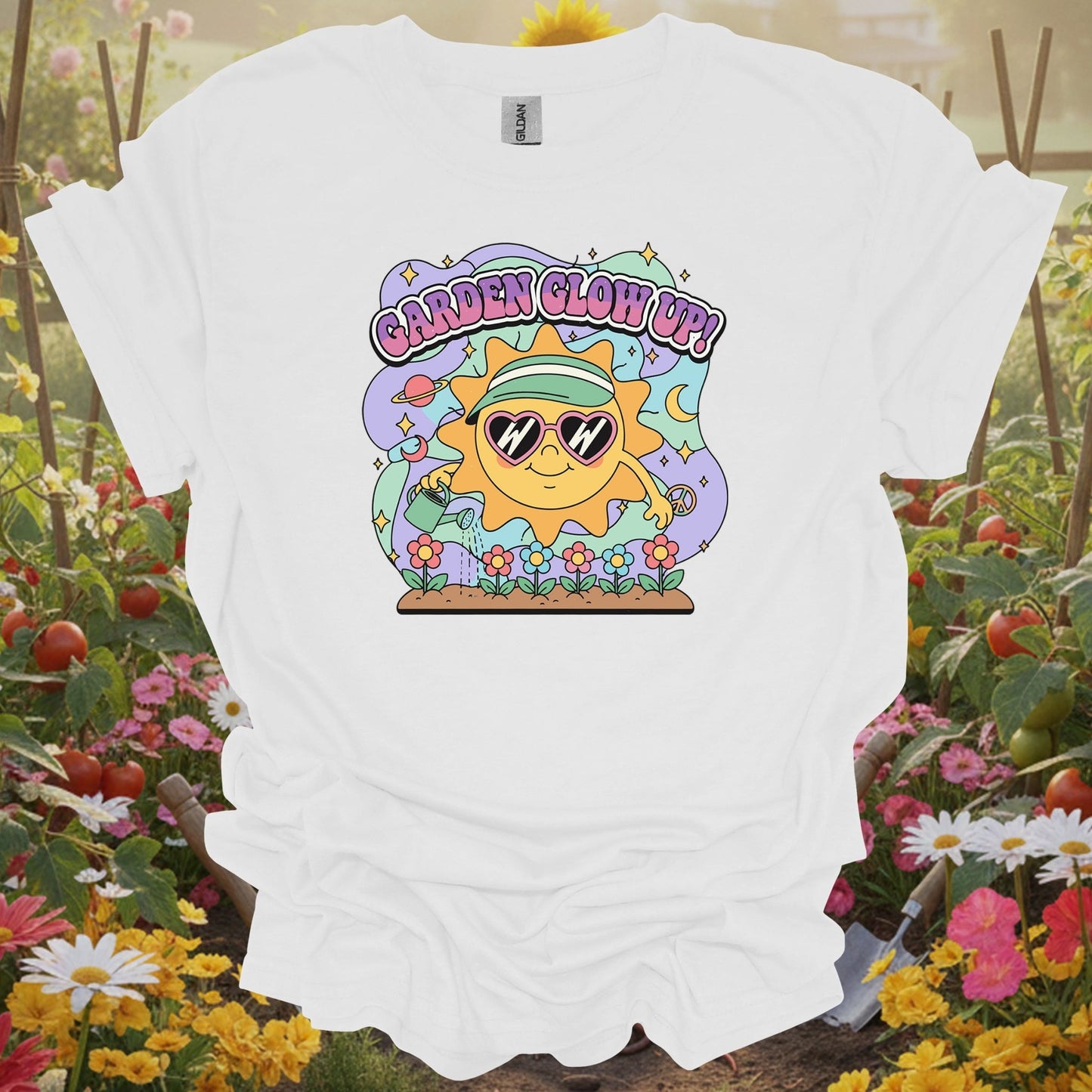 White tee showing garden glow up 90s aesthetic happy sun for garden hobbyists