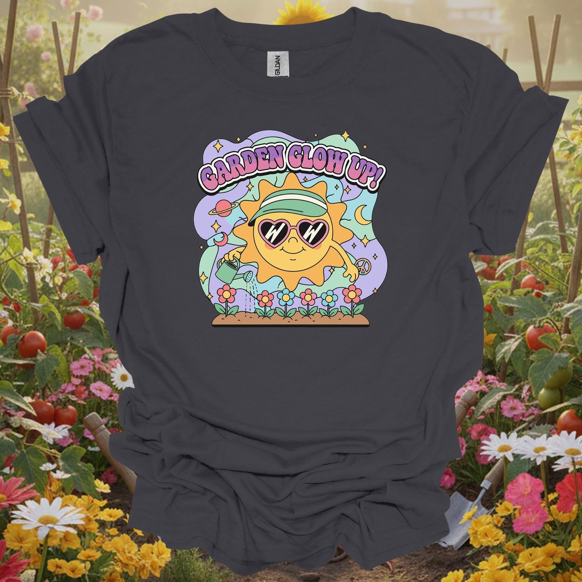 Charcoal tee showing garden glow up 90s aesthetic happy sun for plant lovers