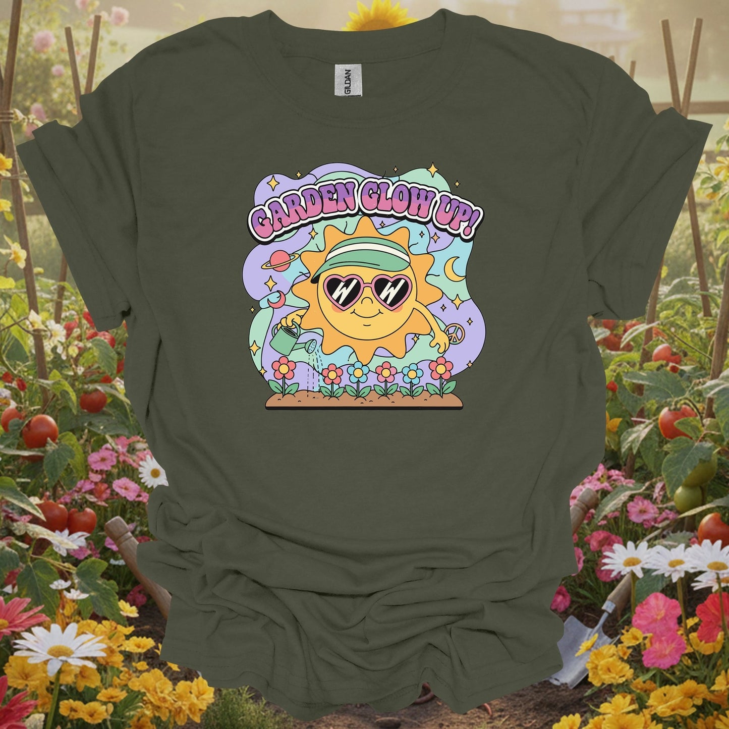 Military Green top showing garden glow up 90s aesthetic happy sun for nature lovers